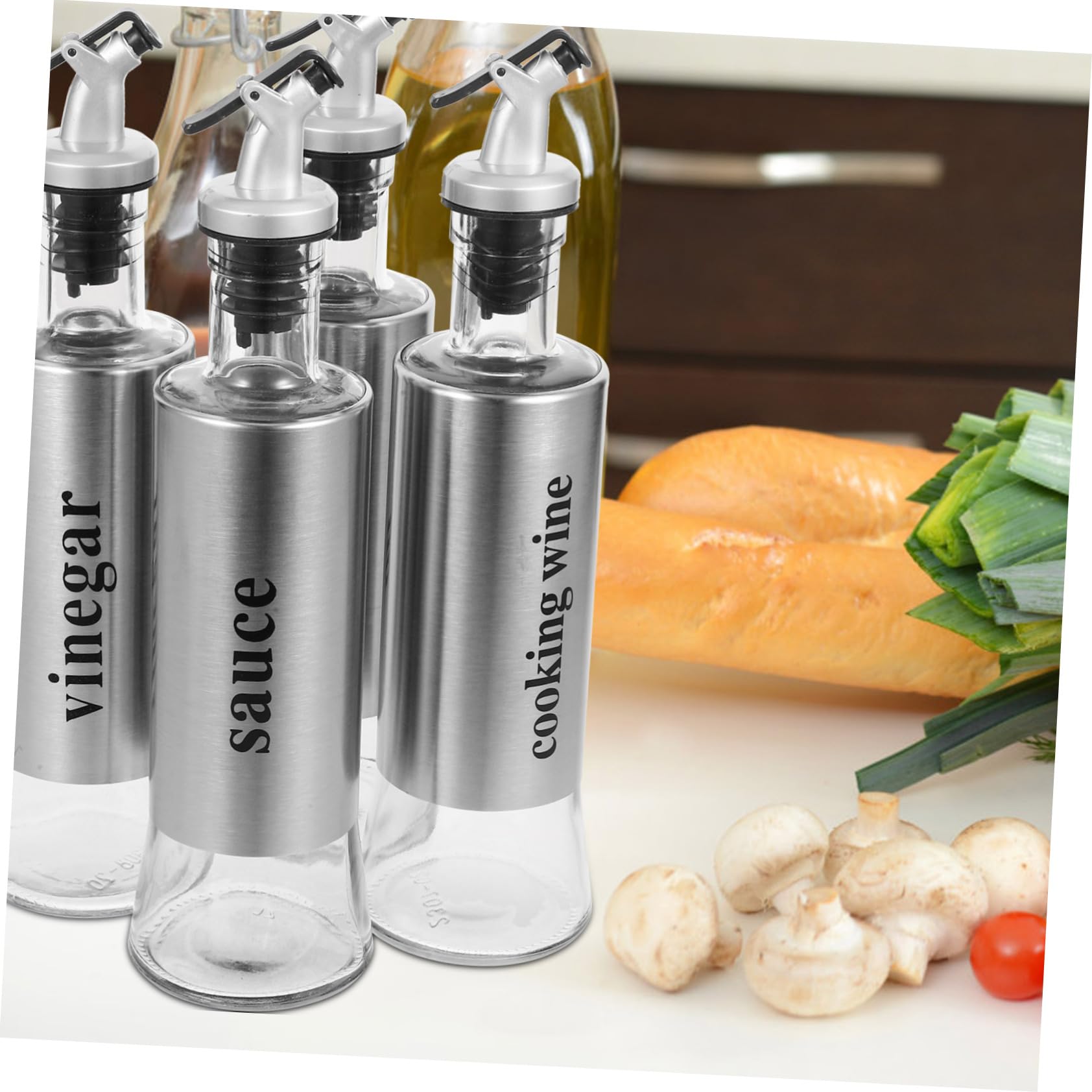 Juego de 4 Botellas Dispensadoras de Vinagre y Aceite de Cocina de Vidrio y Acero Inoxidable, Capacidad 300ml, Diseño Elegante para Cocinas y Restaurantes