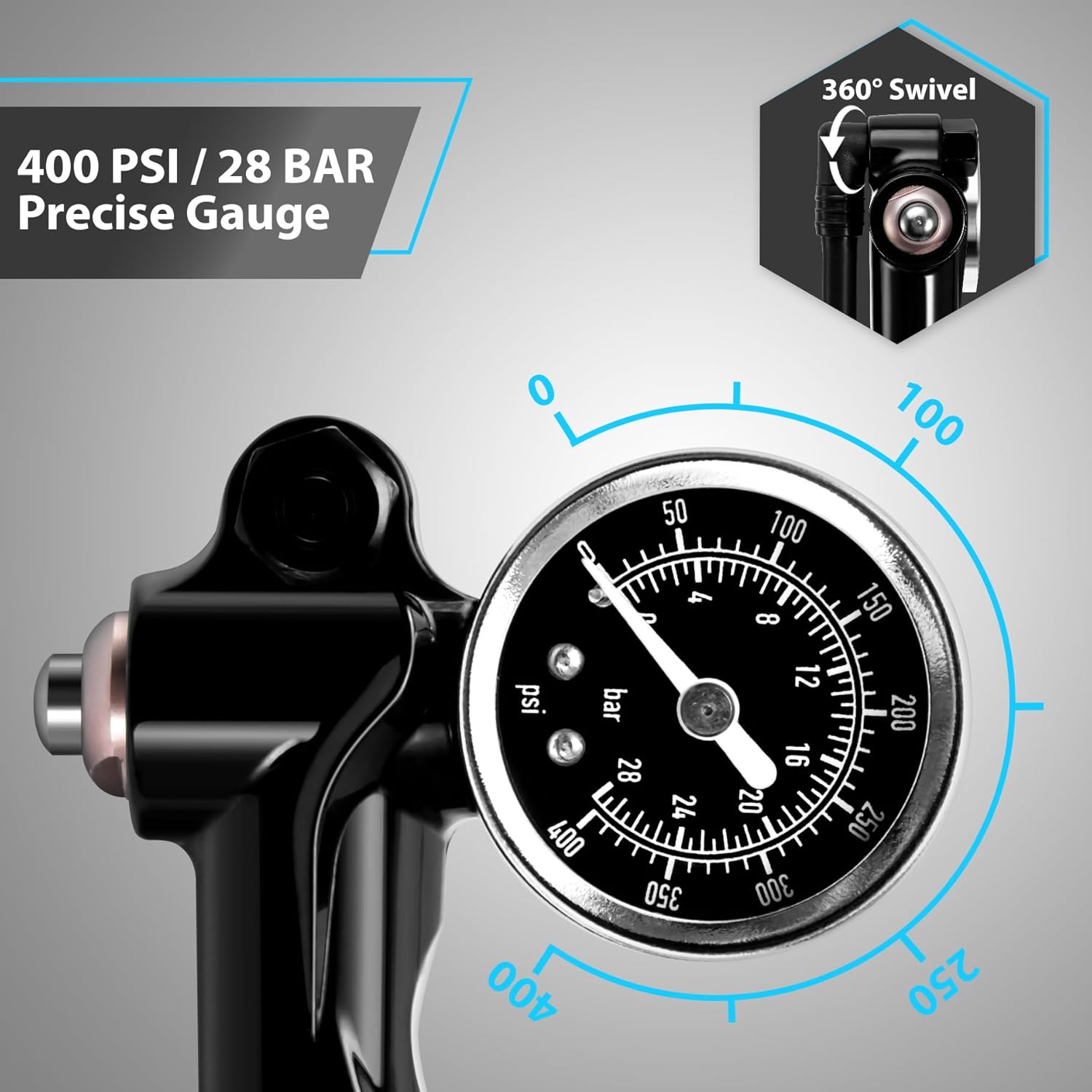 Hycline High Pressure Shock Pump 400 PSI: MTB Bike Pump for Fork & Rear Suspension with Alloy Gauge & Air Bleed - Air Pump for Mountain Gravel Bikes Fits Schrader Valve