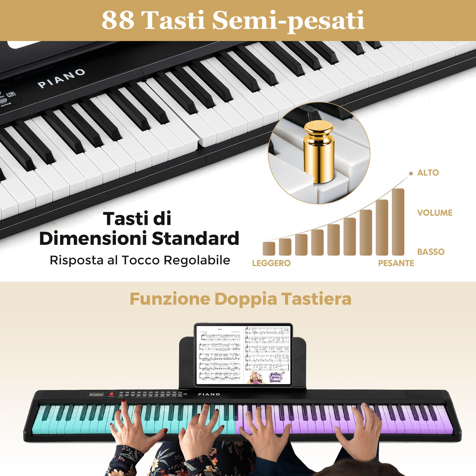 RELAX4LIFE Tastiera Elettronica 88 Tasti Semi-Pesati con 1000 Suoni, 1000 Ritmi e 150 Brani Dimostrativi, Doppia Tastiera, Pieghevole con Borsa per Principianti e Appassionati di Pianoforte