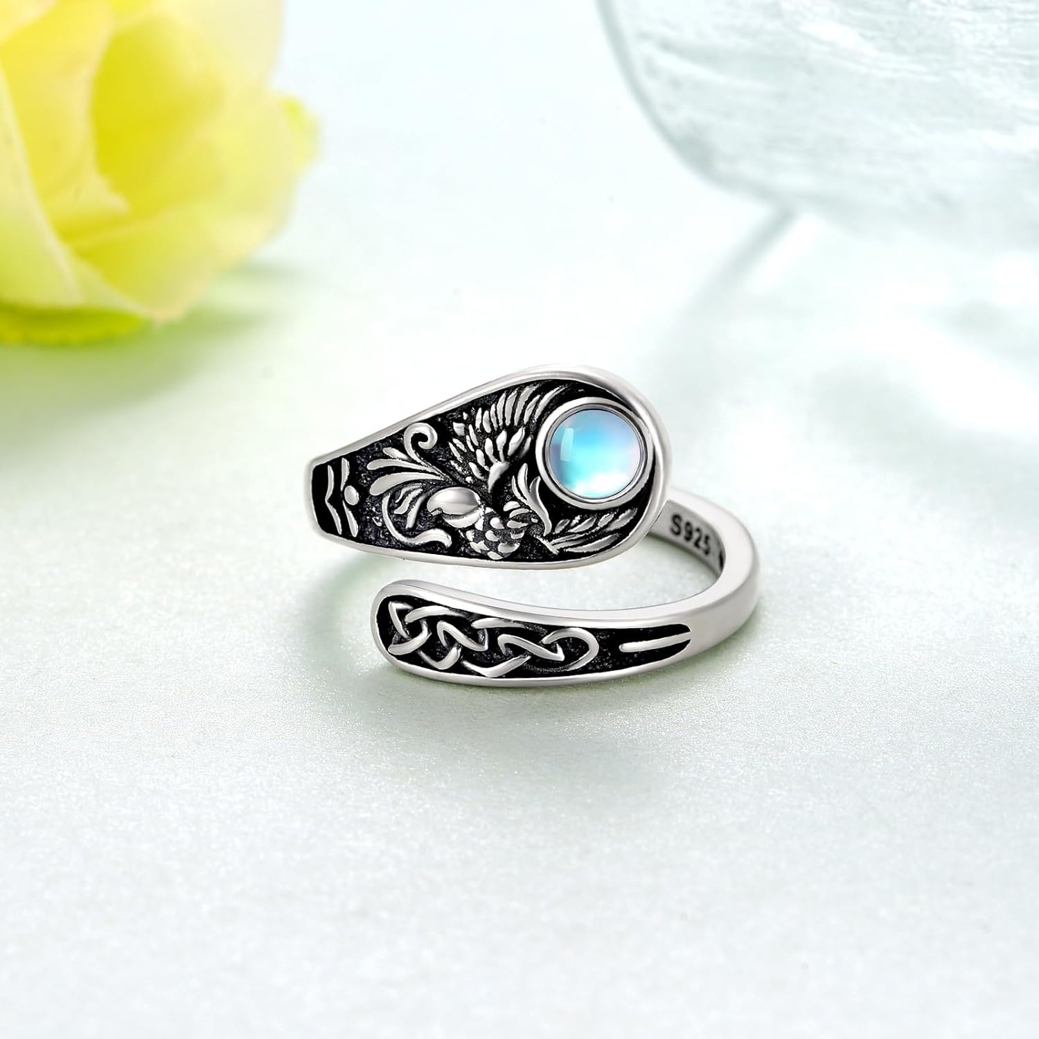 Phoenix Spoon Ring 925 Sterling Sliver Moonstone Phoenix Ring Adjustable Open Ring Thumb Rings Jewelry Gifts for Women - Image 2