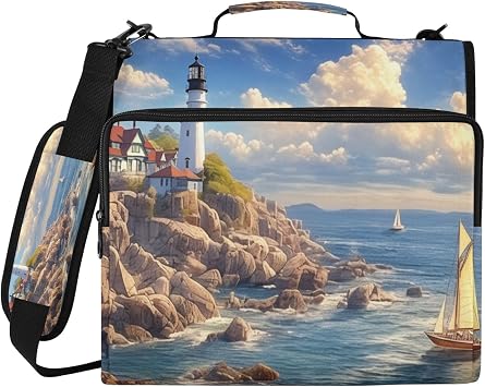 3 D-Ring Binder Bag Lighthouse Zipper Binder Case with Shoulder Strap for Organized Storage Document & Laptop