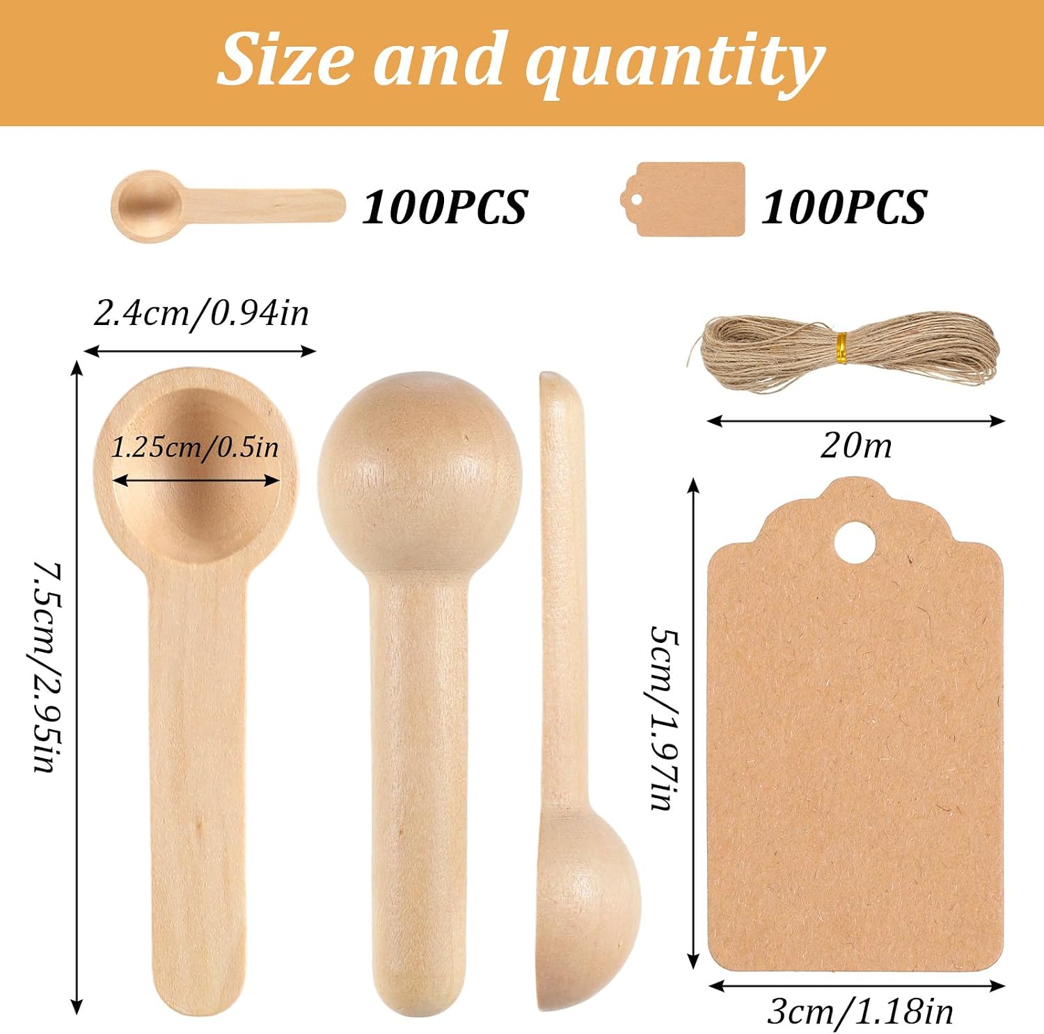 100 Sets 3 Inch Mini Wooden Spoons Small Wooden Spoons Disposable Small Spoon for Spice Jars Wood Spoon with Tags and Twine Condiments Honey Sugar Kitchen Cooking Oil Tea Coffee