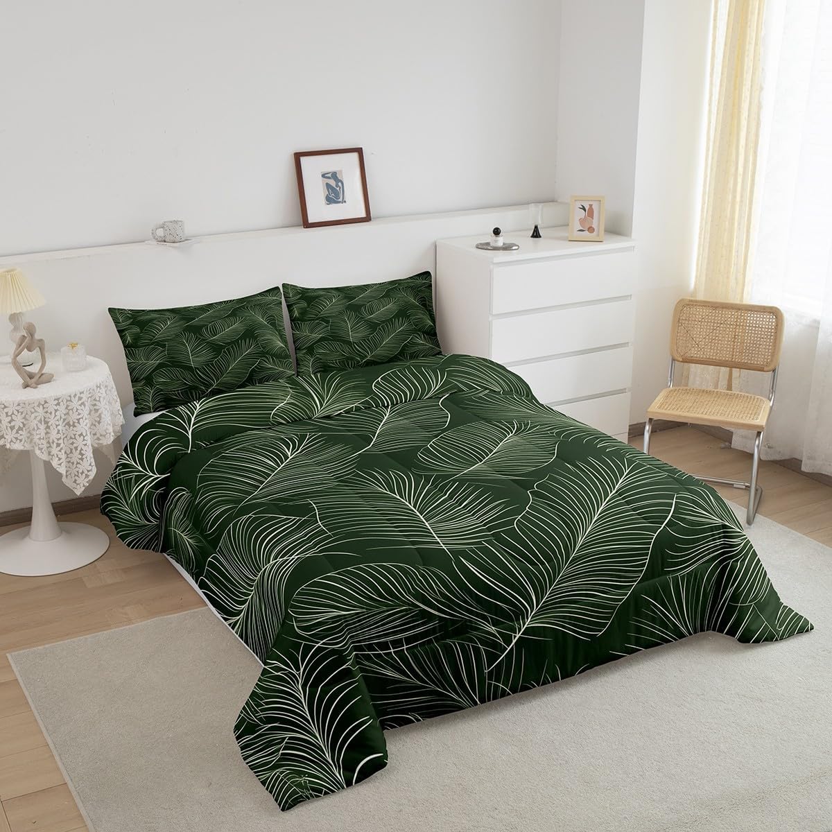 Castle Fairy Botanical Leaves Bedding Set,Simple Geometric Lines Green Leaf Comforter Set for Kids Teens Adults,Sketch Wild Natural Plants Decor Quilted Comforter with 2 Pillowcases Queen Size 3 Pcs