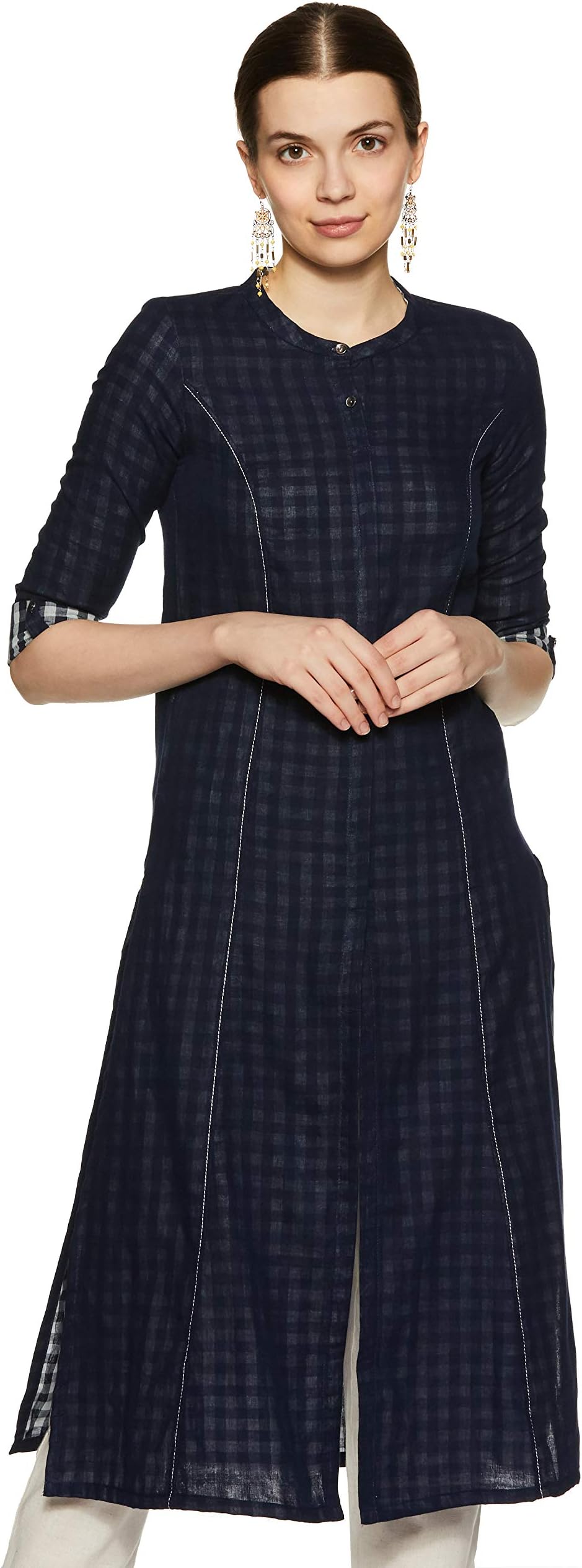 aurelia Disha Patani Collection Deep Blue Band Collar Yarn-Dyed Kurta