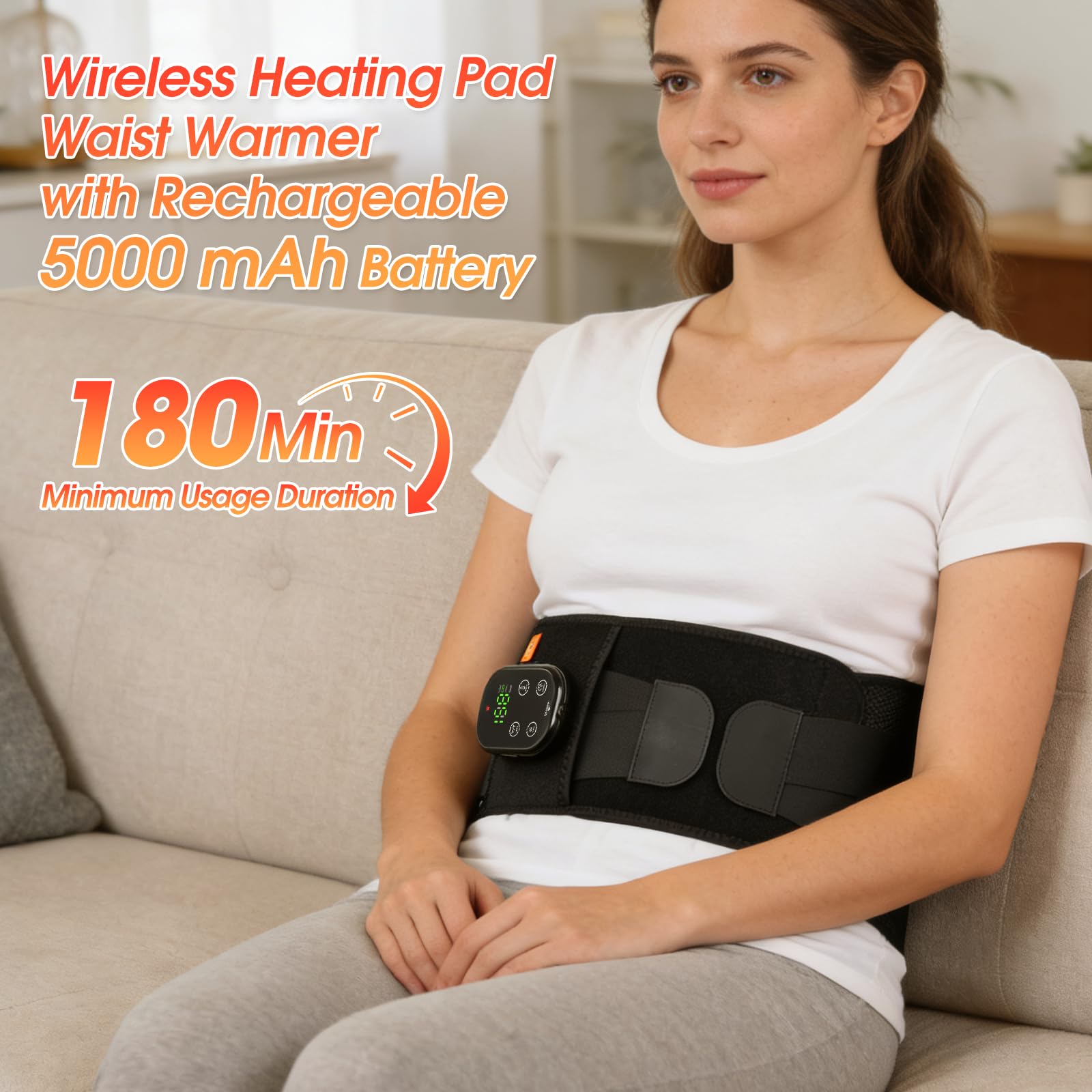 Ceinture chauffante dorsale avec application et bouton pression, batterie de 5000 mAh, ceinture chauffante sans fil, avec 7 niveaux de chaleur et 7 niveaux de vibration, bandage dorsal, coussin