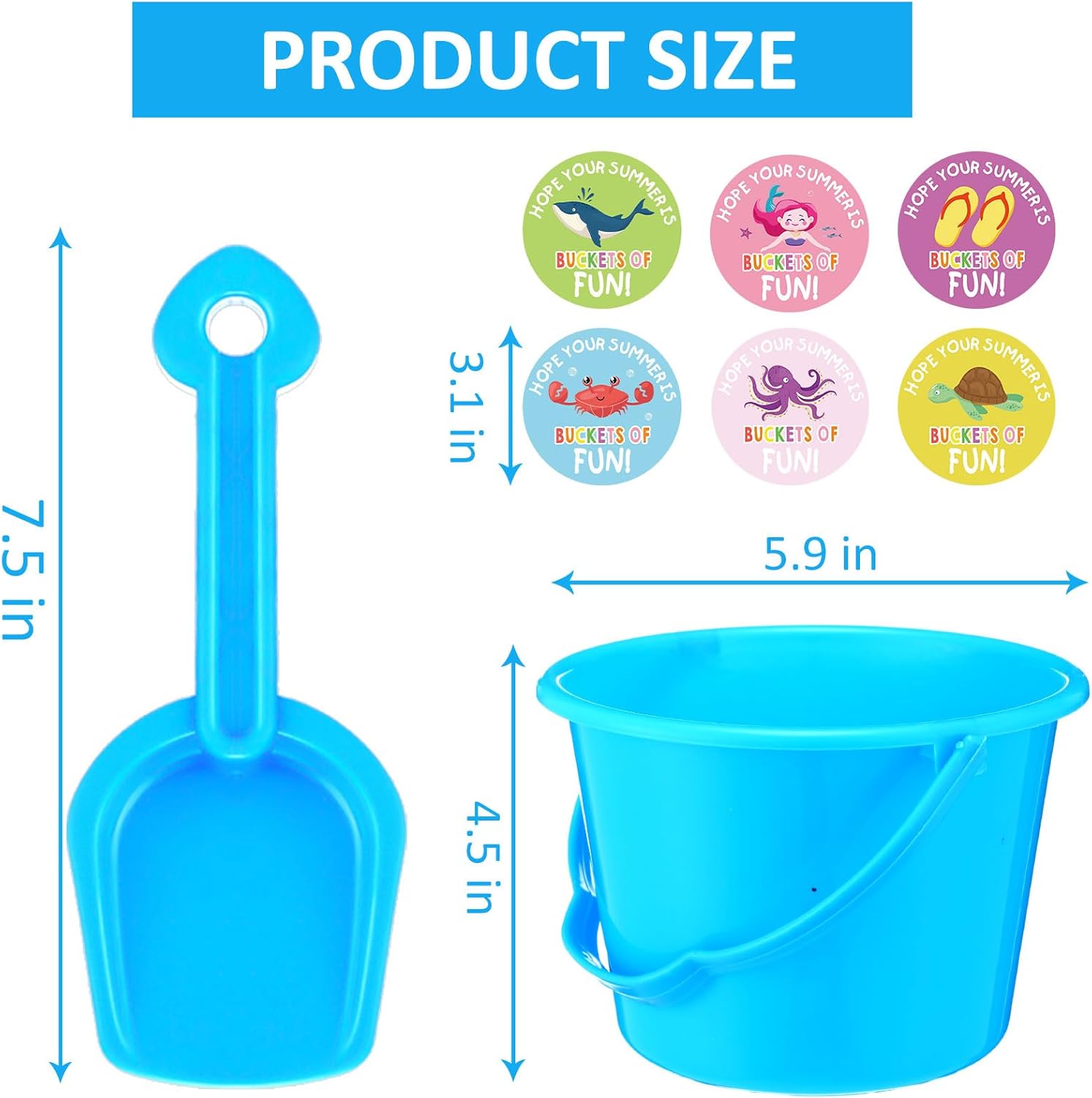 Hollowfly 24 Pcs End of Year Gifts for Students Plastic Sand Bucket and Beach Shovels Set Summer Party Favors with Ocean Stickers for Party Favors Beach Party Supplies