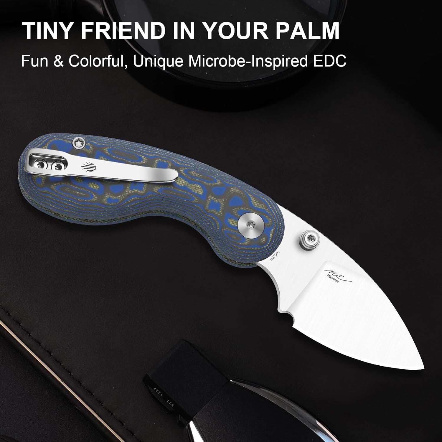 Kizer Microbe EDC Pocket Knife, 2.19" 14C28N Steel Drop Point Folding Knife with Blue vortex pattern micarta Handle, Thumb Hole Opener Button Liner Lock, Pocket Knives for Camping Hiking V2742A6