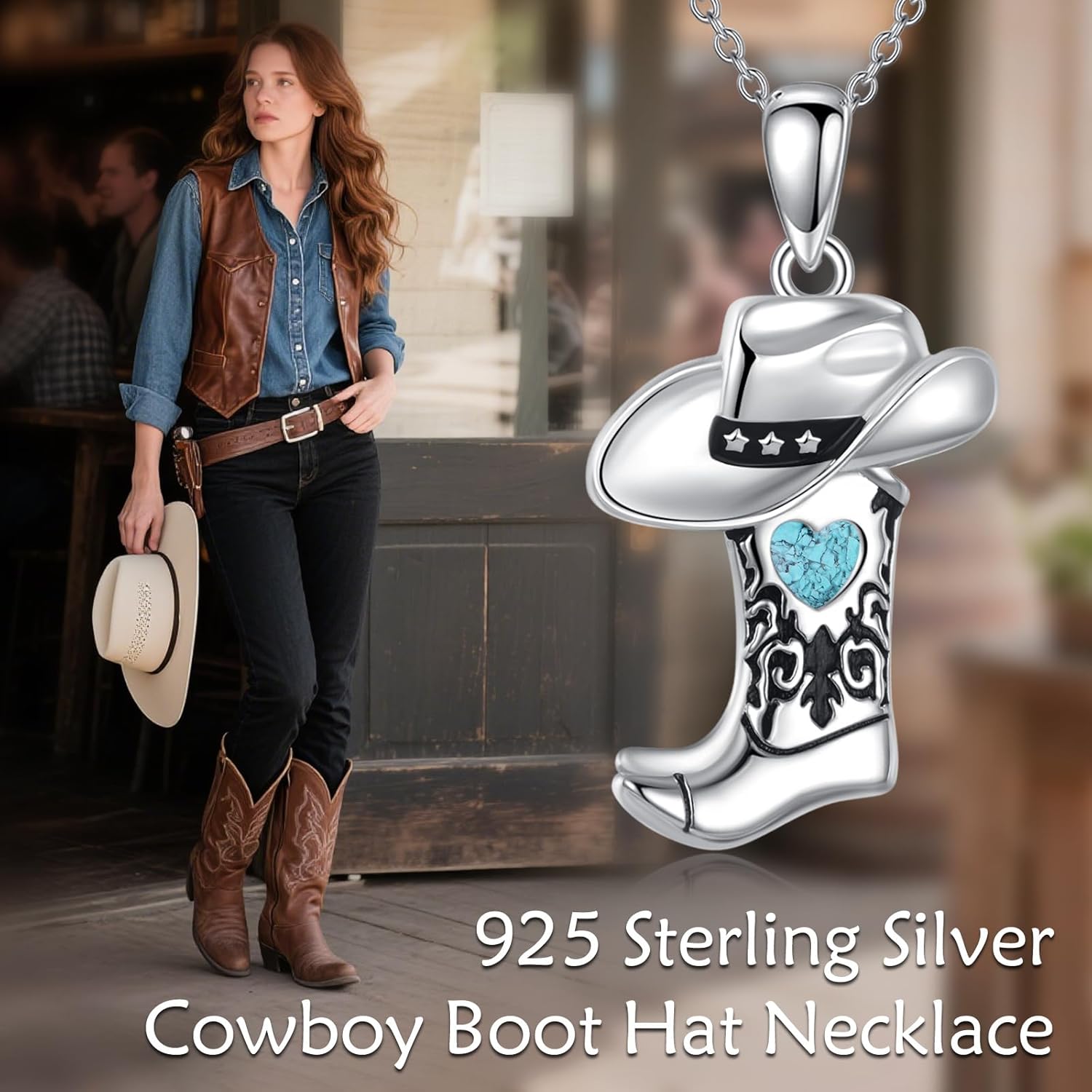 Cowboy Boot Hat Necklace 925 Sterling Silver Vintage Cowboy Pendant Western Jewelry For Women Men - Image 6