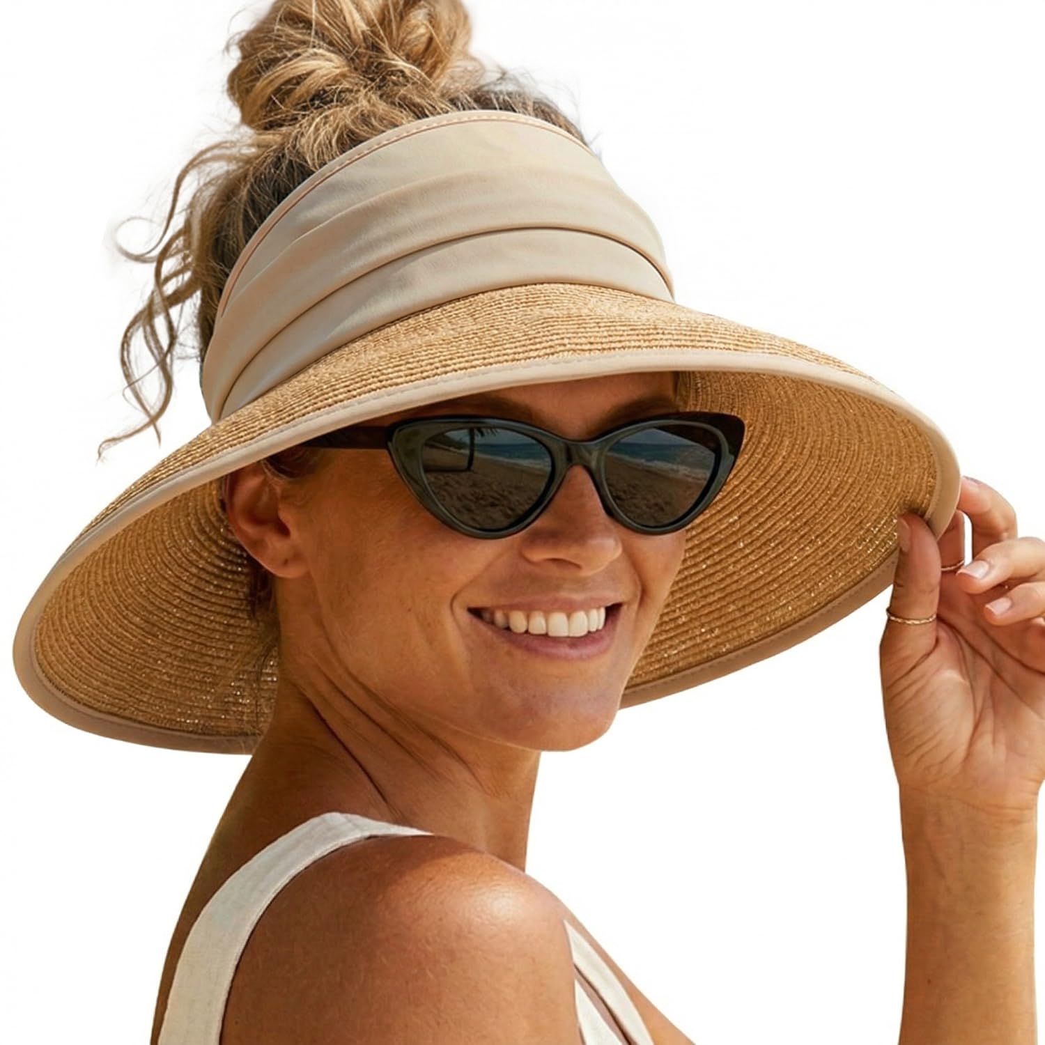 Creekstone Womens Sun Visor Hat, Beach Straw Visor, UPF 50+, Packable, Ponytail Sun Hats for Summer Travel (UK, Alpha, One Size, Khaki)