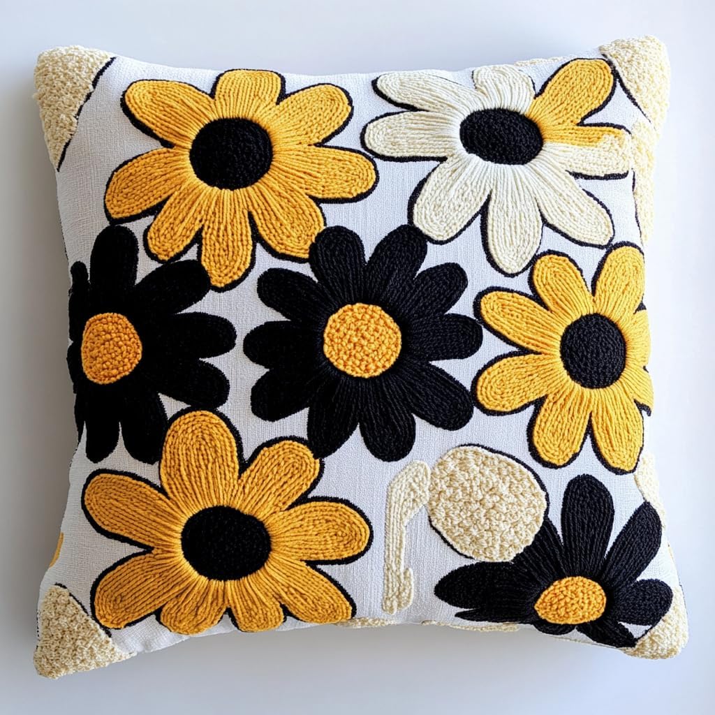 DIY Punch Needle Pillow Kit Black and White Daisy Flowers with Pattern and Hoop Handmade Embroidery Punch Needle Starter Pillowcase Making Set for Home Sofa Decoration 43x43cm-19