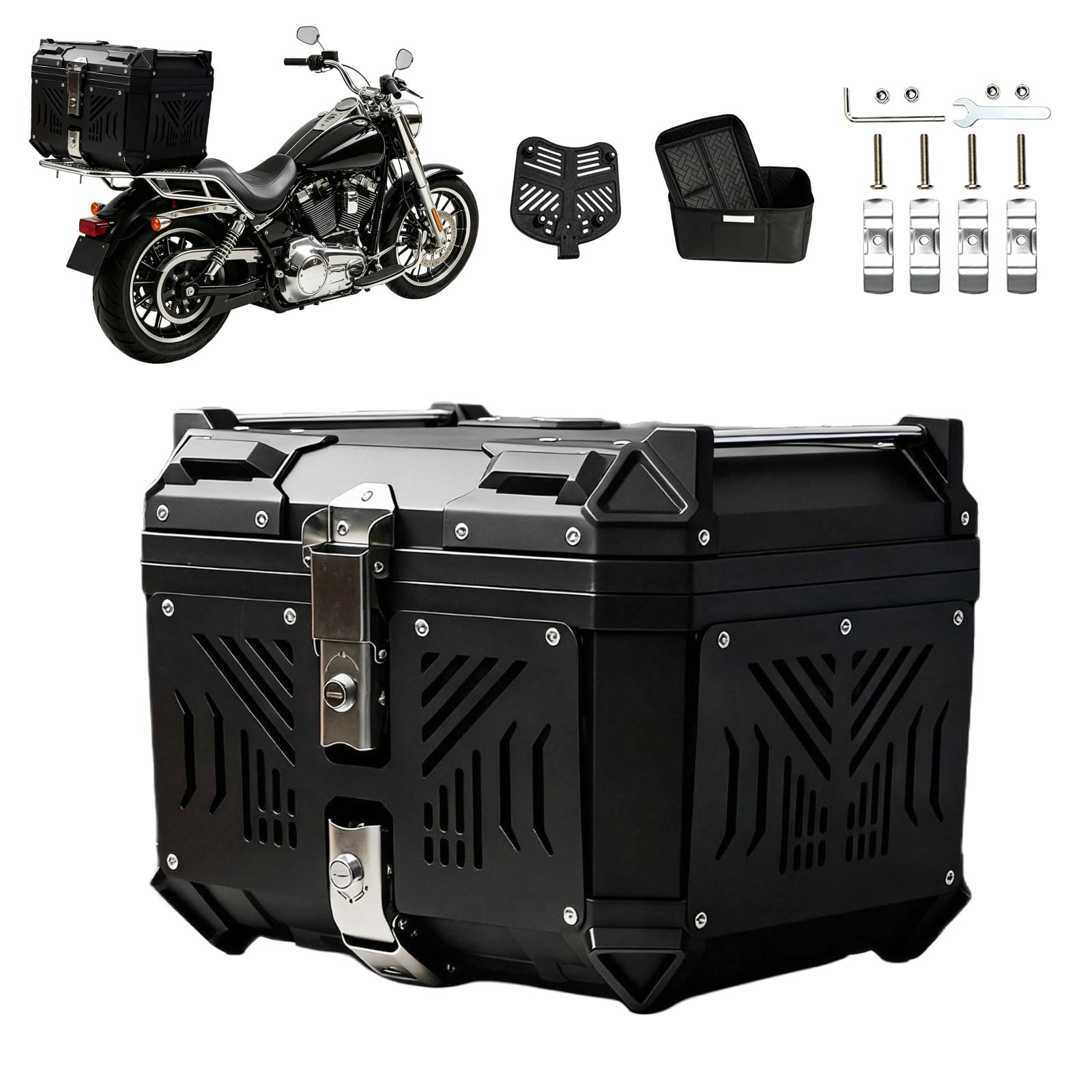 45L Motorrad Topcase wasserdicht mit Sicherheitsschloss, Aluminiumlegierung Motorradkoffer mit Kohlenstoffstahl-Bodenplatte & Diebstahlsicherung mit Federverriegelung, 40*33*33cm für Helm & Zubehör