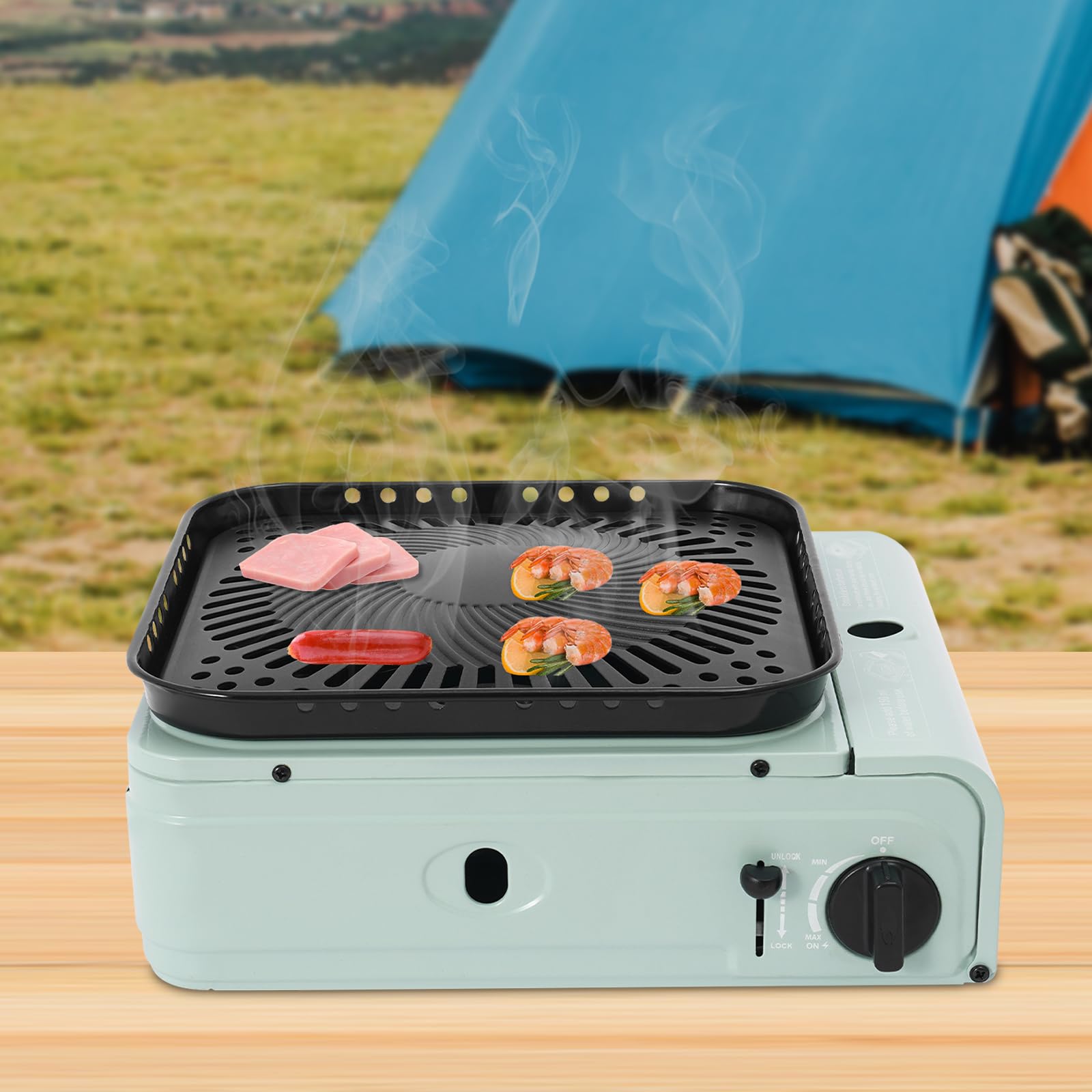 Barbecue de camping portable à gaz, butane ou propane 2 en 1 avec sac de transport, petit barbecue de table pour camping, randonnée, tourisme sac à dos (vert)