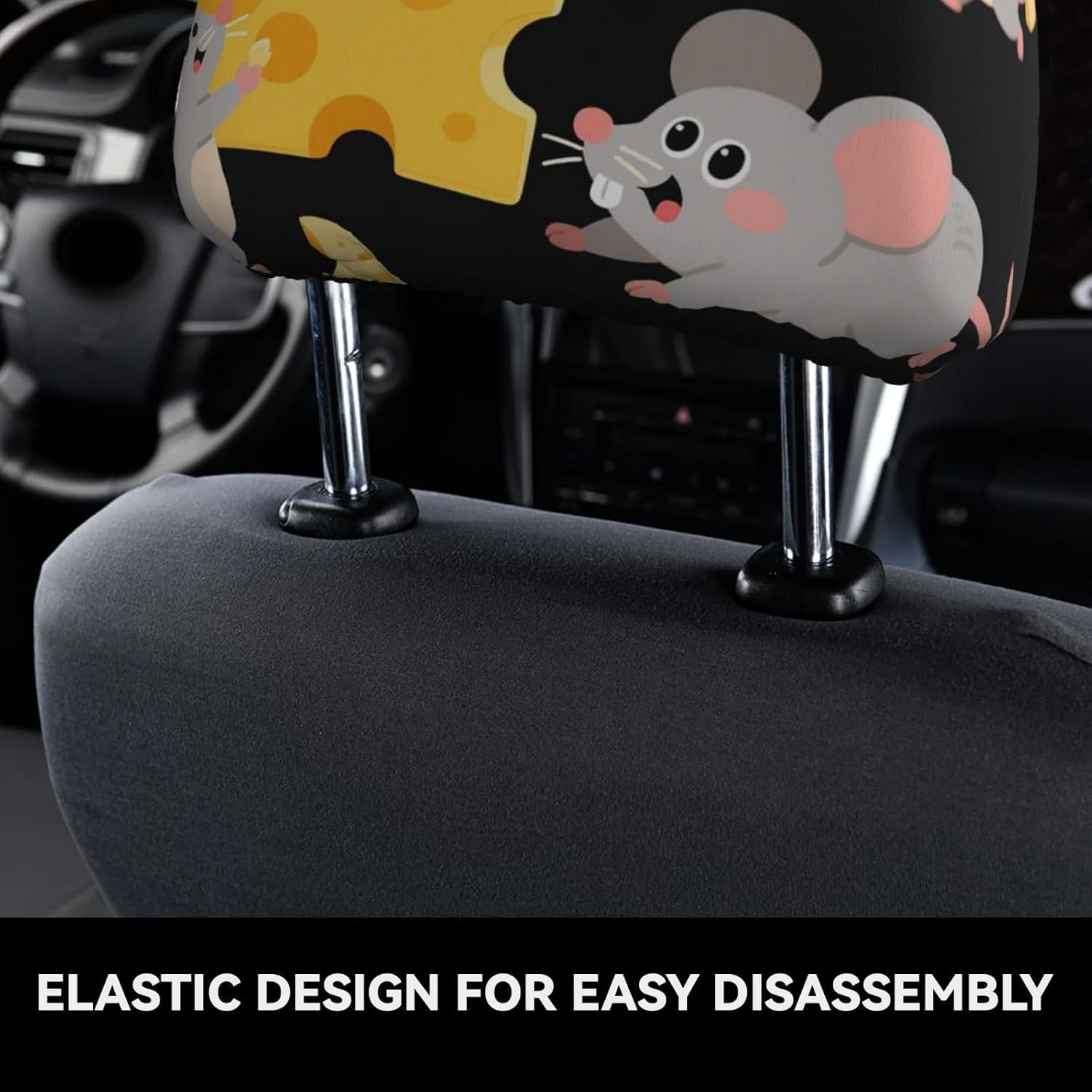 2 Pcs Car Seat Headrest Cover,Stretch Breathable Head Rest Cover Cute Mouse Cheese Washable Headrest Protector Reusable Dust Cover for Cars Seat Headrests Car Accessories image 3