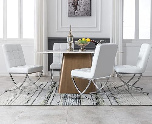 EALSON Juego de 4 sillas de comedor modernas, tapizado de cuero blanco con patas de metal cromado y respaldos altos copetudos, sin brazos, para