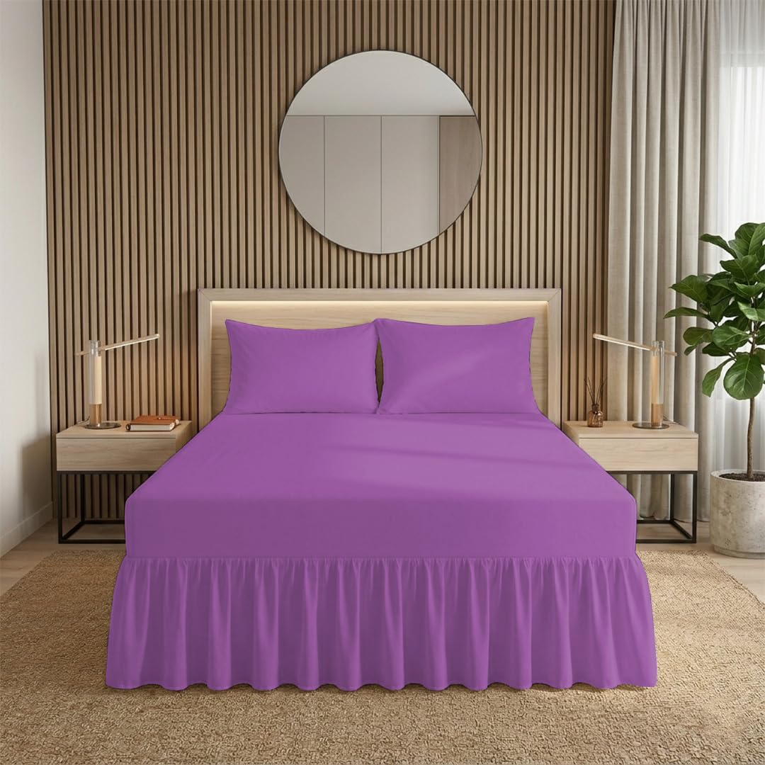 ZIYA HOMES Fitted Valance Sheets Polycotton Frilled Bed Sheet Anti Allergic Bed Skirt Fitted Valance Sheet - Extra Deep Fitted BedSheets Easy Care Bed Sheet (Purple, Double)