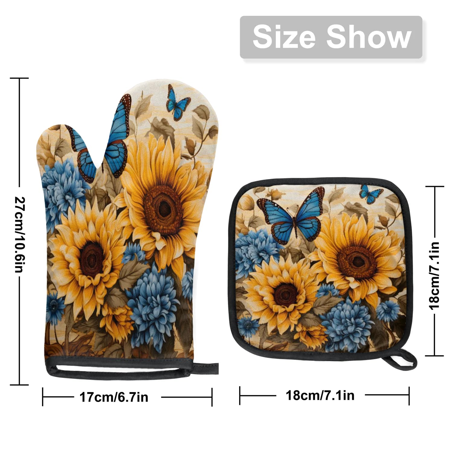 Flower Butterfly Vintage Oven Mitts Kitchen Oven Gloves for Cooking Baking Heat Proof Lining Cotton Kitchen Potholder Mittens Pot Holders Hot Pads for Chef Women Men