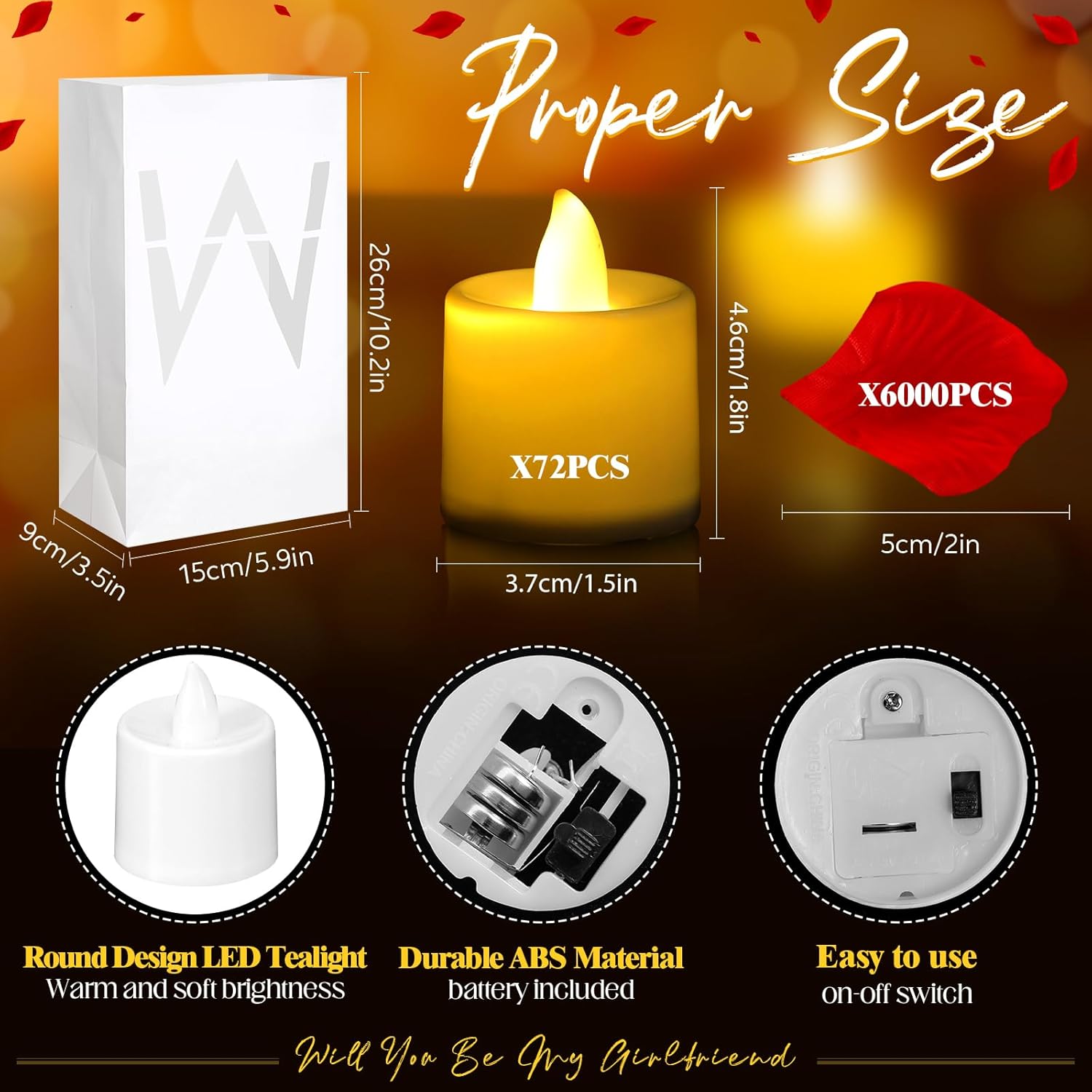 6093 Pcs Will You Be My Girlfriend Light up Letters with LED Flameless Tealight Candle Red Rose Petal Letter Luminary Paper Bag for Valentine's Day Decoration Romantic Special Night Decor