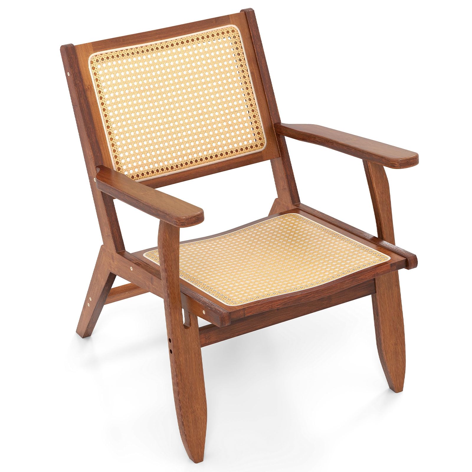 COSTWAY Silla de Ratán, Sillón de Salón de Madera, Butaca de Salón con Respaldo y Asiento Amplio de Ratán, Silla de Ocio de Lectura para Sala de Estar y Dormitorio, Nogal