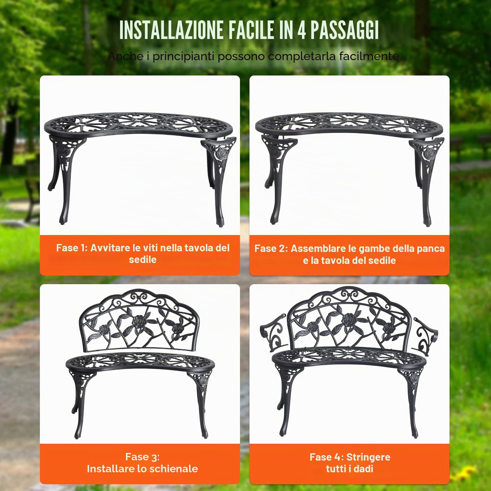 VEVOR Panchina da Esterno da 57 x 98,7 x 79 cm Panchina da Giardino in Metallo per Esterni, Capacità di Carico di 218 kg Panchina da Giardino con Schienale, Braccioli, per Parco, Cortile, Portico