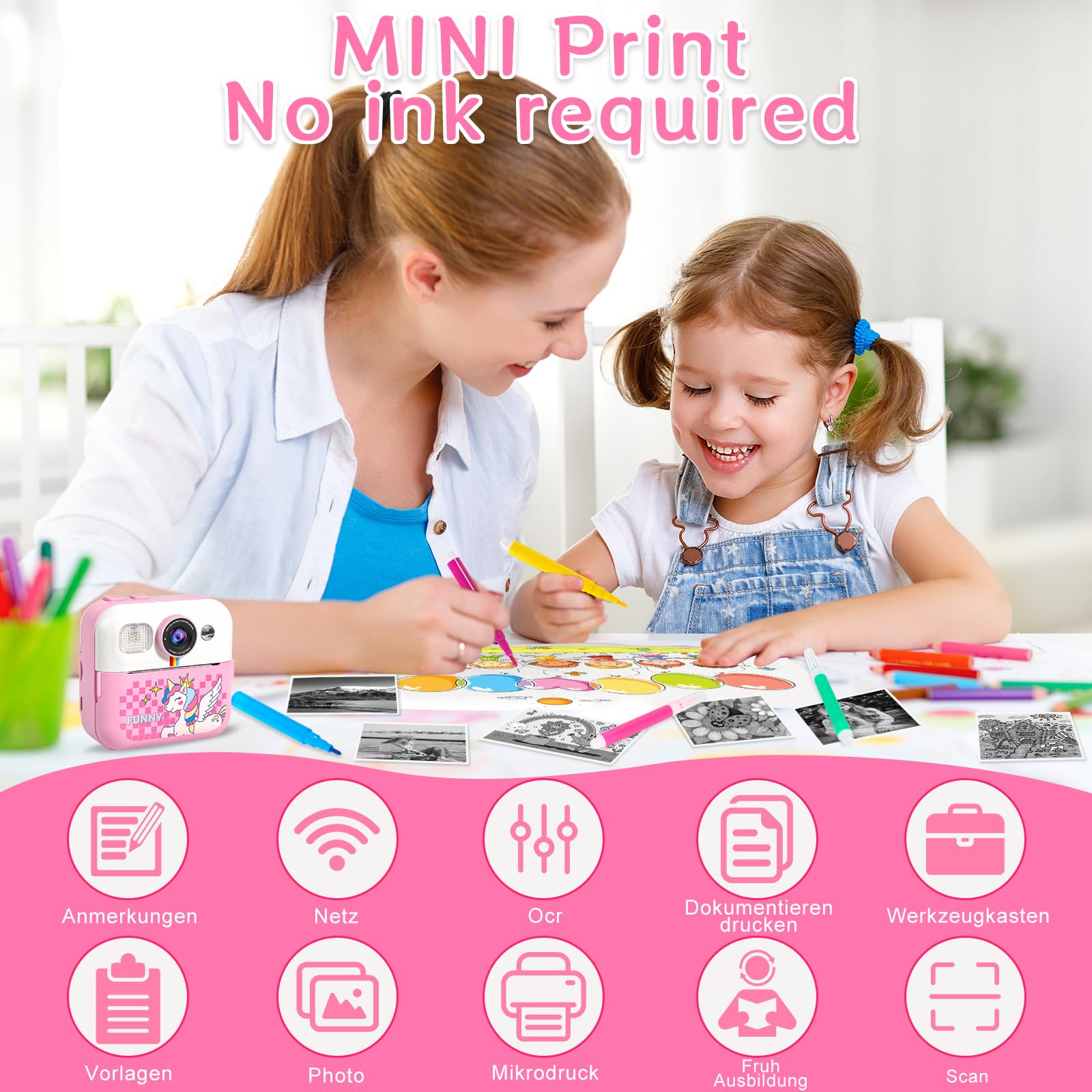 Macchina Fotografica Bambini Istantanea, 2,4 Pollici Digitale Fotocamera con 32GB TF Scheda e Carta Fotografica per Stampa, Regalo di Natale per Bambini 3-12 Anni