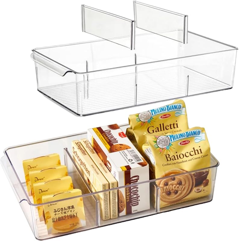 Plastic Pantry Organization and Storage Bins with Removable Dividers, Pantry Organization Refrigerator Organizer Bins, Cabinet Organizers, 2 Pack 13.8" XL