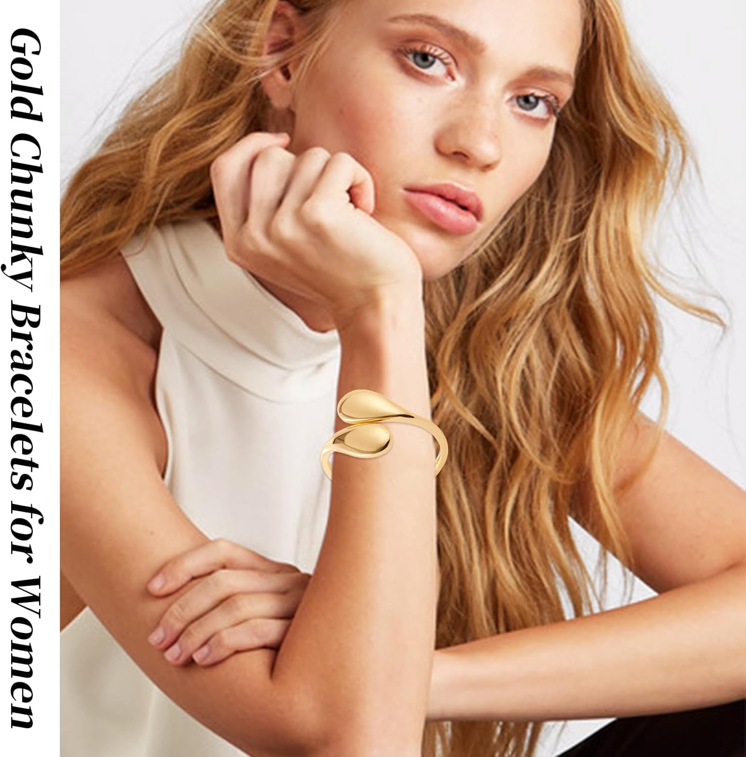 YBMYCM Gold Silver Cuff Bangle Bracelets for Women Set Chunky Trendy Teardrop Adjustable Wrap Open Gold Bracelet Minimalist Hinged Arm Cuff Jewelry Gift 2pcs - Image 2