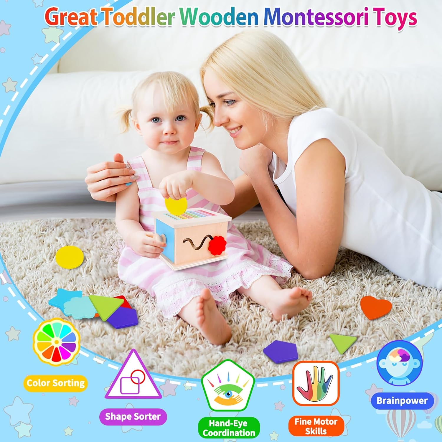 FCSONU Toddlers Montessori Coin Box Toys for 1 2 3 Year Old Boys Girls, Wooden Baby Toys for Toddlers 1-3, Color Sorting Stacking Sensory Toys for Ages 2-3, Easter Birthday for Kids