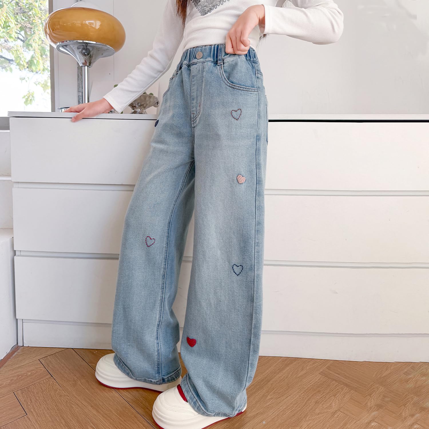 Pantalones vaqueros para niñas de 5 a 14 años con cintura elástica y pierna ancha