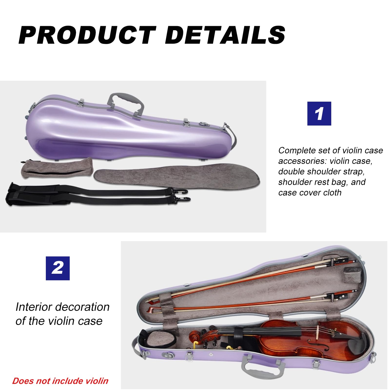Estuche de policarbonato para violín para instrumentos de tamaño 3/4 y 4/4, carcasa rígida protectora ligera con interior suave y correas de transporte, K