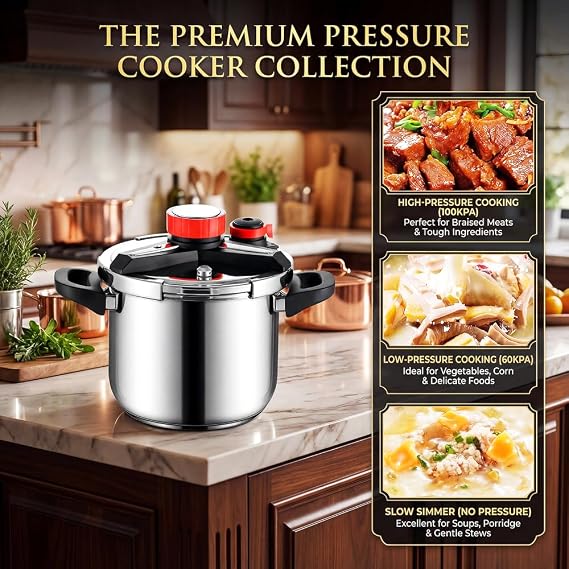 4-In-1 304 Stainless Steel Pressure Cooker 12L Quart & Explosion-Proof & 3 PSI Settings & One-Hand Locking Pressure Canner & Glass Lid Steamer Rack Included,Induction Compatible,Gas Stovetop