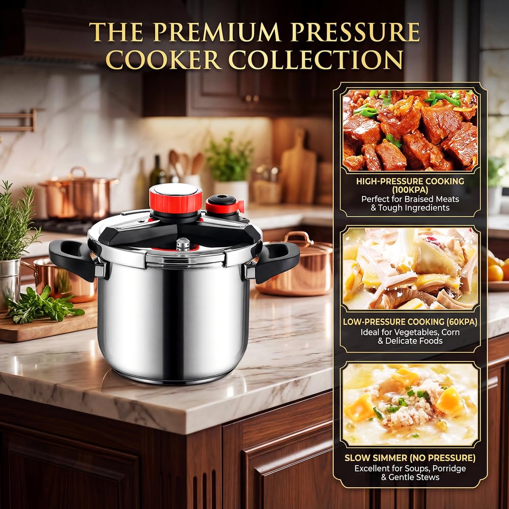 12 Liters Olla a Presión 4 en 1 de Acero Inoxidable 304,Antiexplosión,3 Niveles PSI,Tapa de Vidrio y Vaporera,tapa de olla Conserva con Bloqueo de Una Mano,Compatible con Inducción y Gas