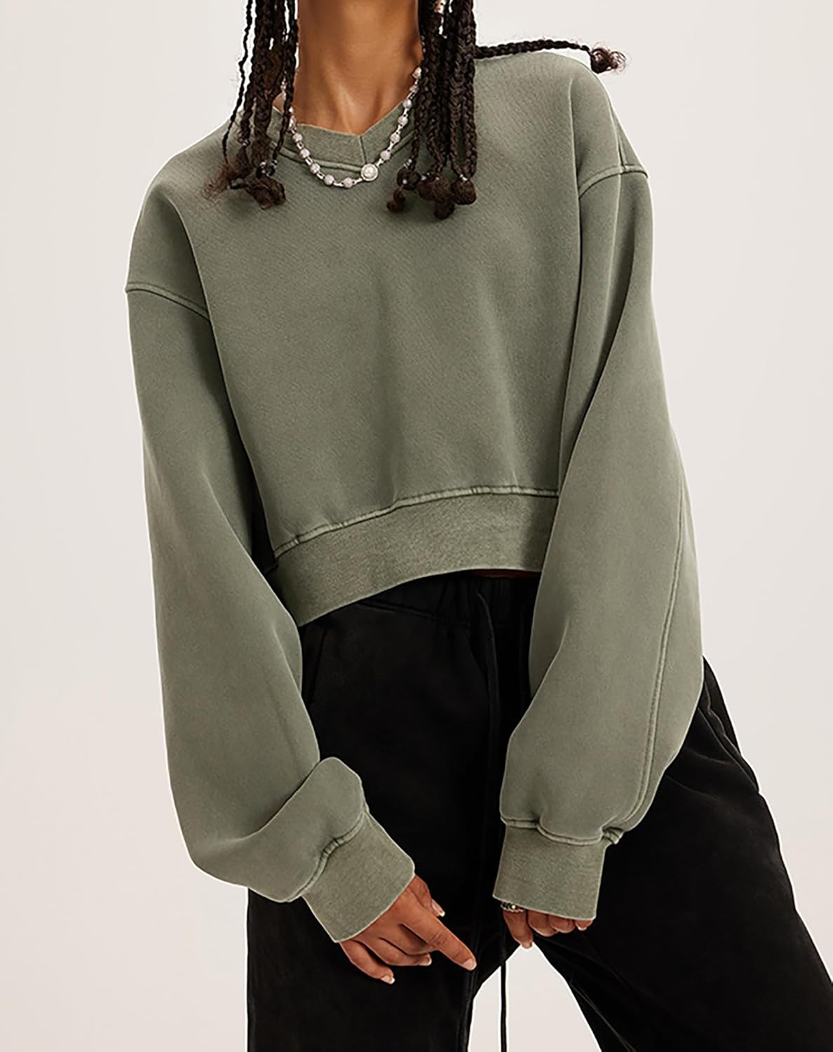 Meladyan Women Casual Cropped Sweatshirt Basic Solid Long Sleeve Fleece V Neck Loose Drop Shoulder Pullover Crop Tops Vintage - Image 3