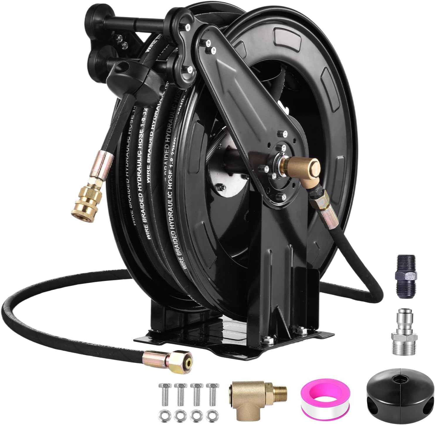 Pressure Washer Hose Reel,Steel Double Arm 3/8" X 50 FT Automatic Retractable Power Washing Hose Reels,Heavy Duty Hose Reel 4000 PSI With 50FT water belt And Iron 90-degree Elbow Connector