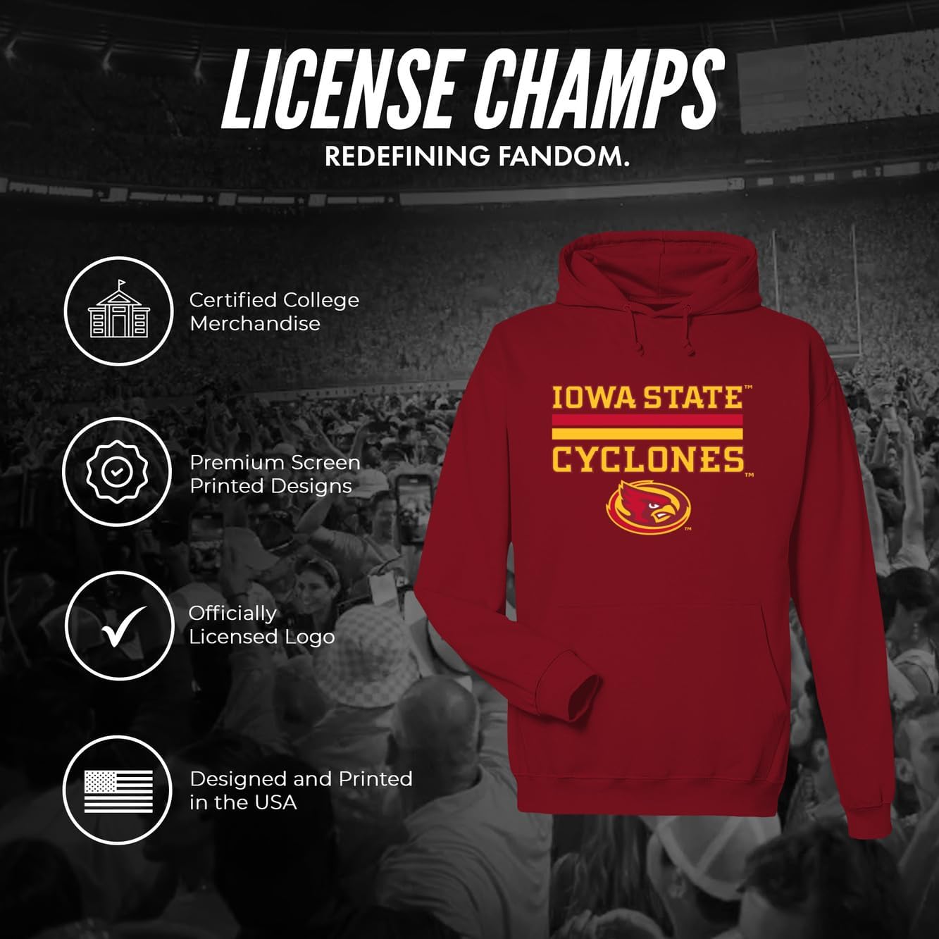 License Champs Hooded Sweatshirt | Official NCAA College Merch | Mens Womens Adult Hooded Sweatshirt | Mens Womens | Bar Logo