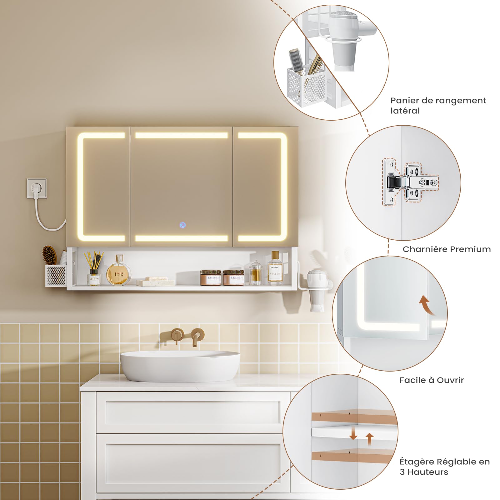 Armario Espejo Baño 80x16x60, Espejo de Baño con Luz Led y Estación de Carga, Mueble Baño con Cesta de Almacenamiento y Estante Interior Ajustable, Tres Temperaturas de Color, Control táctil