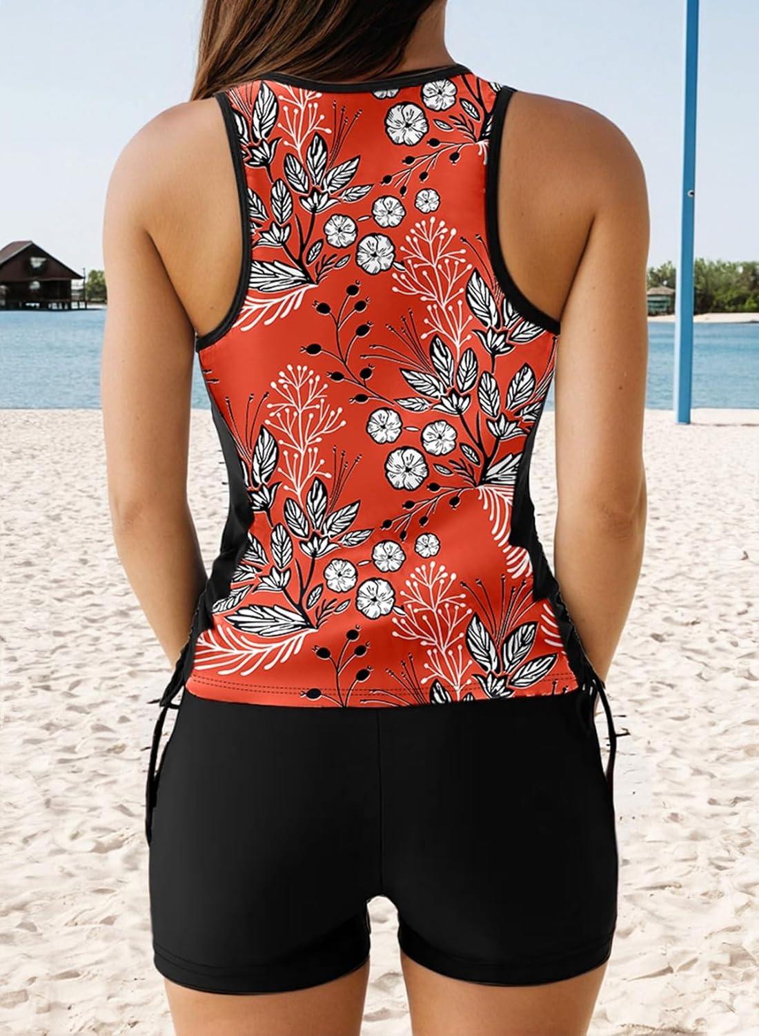 Dokotoo Women's Tankini Swimsuits 2025 Two Piece Bathing Suits Tummy Control Swim Tank Top with Boy Shorts Small Red Floral image 2 of 6 B0DJ88WS5L