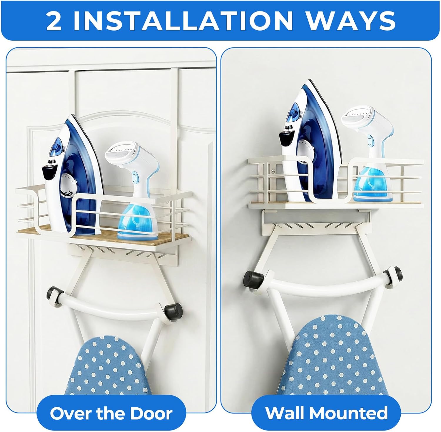 TJ.MOREE Over The Door/Wall Mount Ironing Board Hanger, Laundry Room Iron and Ironing Board Caddy Storage for Water Mister, Fabric Sprays, Laundry Detergent, White