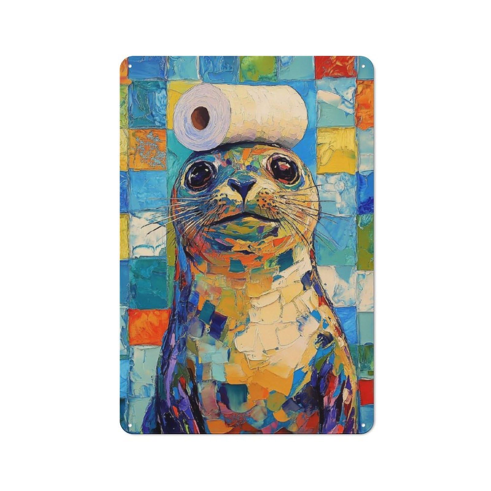 Junmoney Seal With Toilet Paper Hat Retro Tin Sign 30X20cm Featuring For Home Bar Wall, For Collectors Decorating Home Bars And Entertaining Spaces