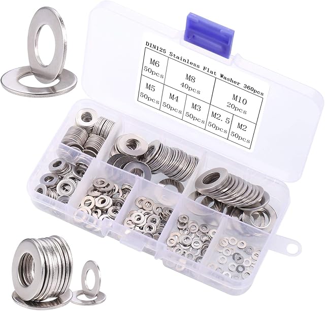 JIZZU 360Pcs Stainless Steel Washers Kit, Metal Screw Washers Separated Different Sizes in Boxes, Durable M2-M10 Washers Assorted Set, Suitable for Nuts and Bolts, Electrical Screws, Springs Assorted