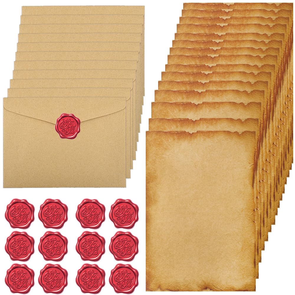 40 PCS Vintage Letter Writing Stationery Set Aged Parchment Look Paper with Kraft Envelopes & Self-Adhesive Wax Seals for Adults, Invitations, DIY Crafts, Themed Events, and Historical Correspondence
