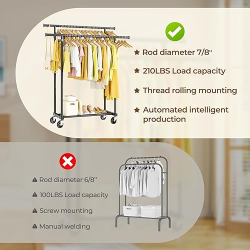 Miniatura 5 de Perchero de doble varilla, perchero rodante para colgar ropa, armario portátil, perchero de metal para abrigos resistente para dormitorio, Negro