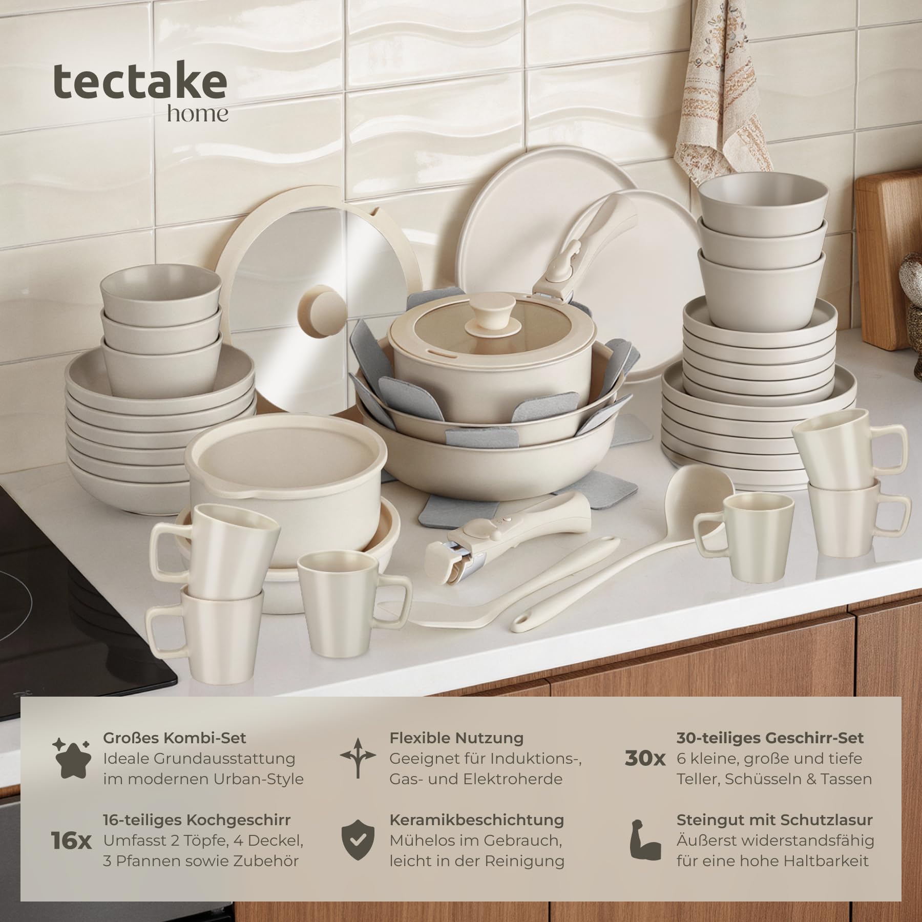 tectake® Küchenstarterset 6 Personen, Steingut Geschirr Set, Teller, 3 Pfannen, 2 Töpfe, rostfreies Aluminium, Kochtopf Set, Töpfe Set, kratzfest, inkl. 5 Küchenwerkzeuge - taupe/weiß, 46-tlg.