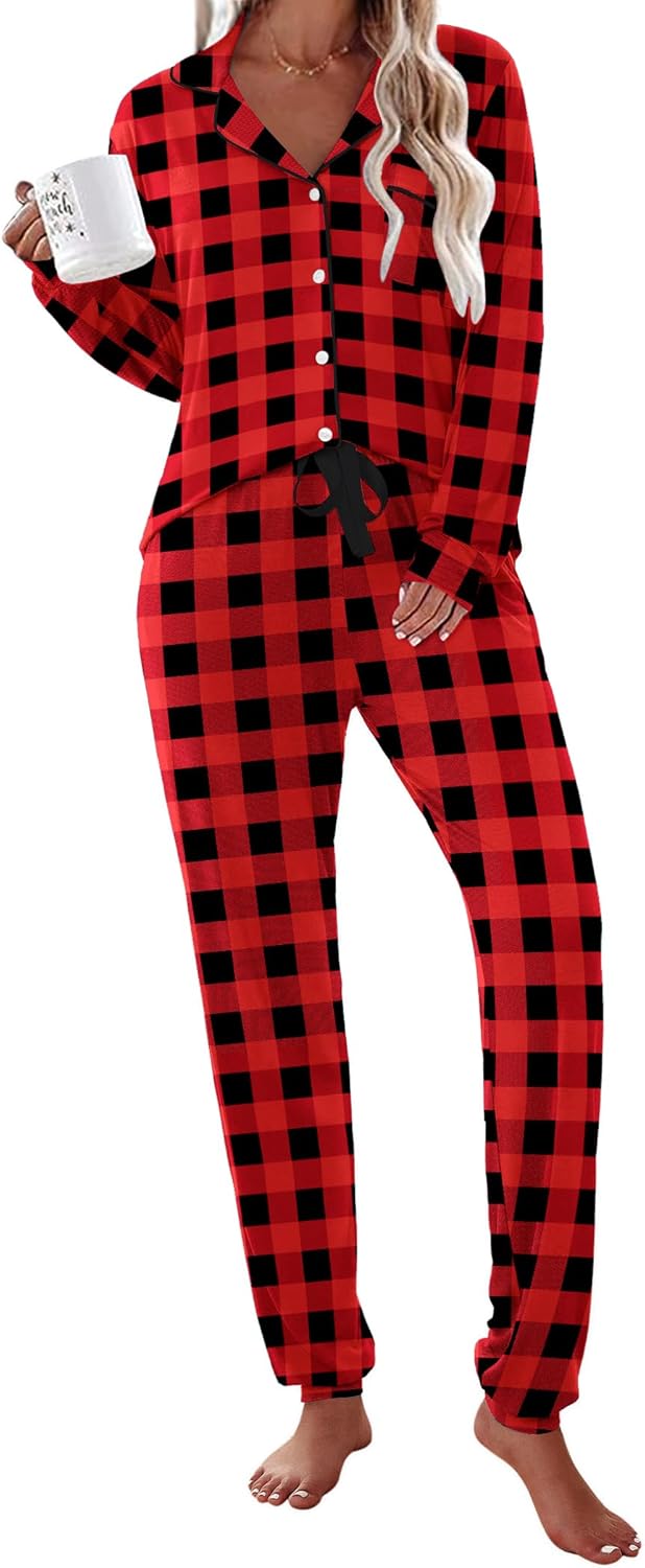 Ekouaer Pajamas Set Long Sleeve Sleepwear Womens Button Down Nightwear Soft Pj Loungewear with Pockets