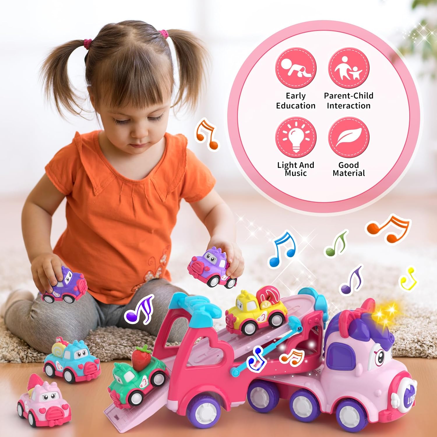 newcrave 7 in 1 Carrier Truck Toys for 1 2 3 Year Old Girl, Toddler Girl Toys Age 1-3, Car Toys Truck with Light & Music, 1 2 3 Year Old Birthday Gifts Christmas