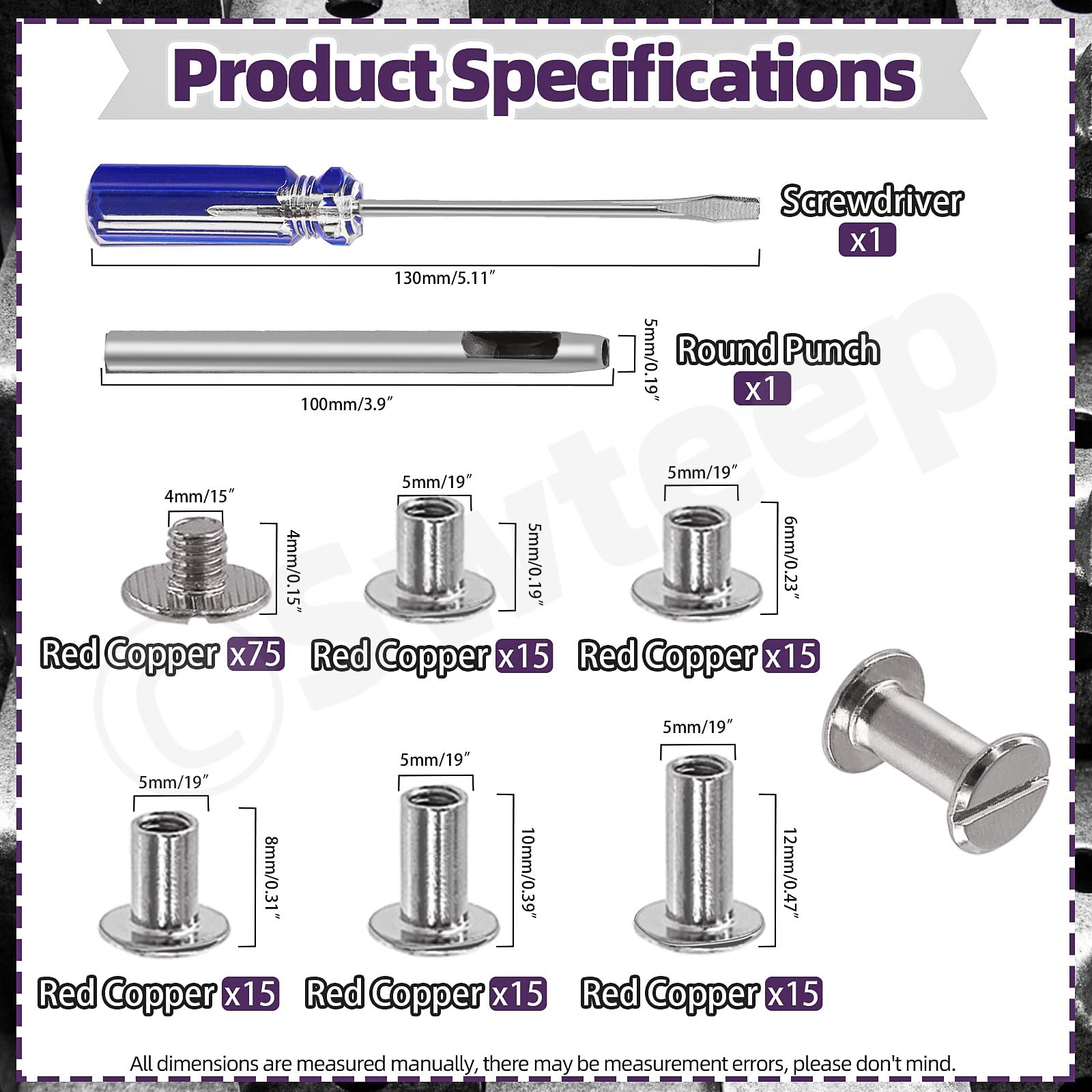 Sweet 152 viti argentate M5, 6, 8, 10, 12 mm, rivetti in pelle assortiti con perforatore e cacciavite, viti a testa piatta per fai da te in pelle e rilegatura di libri