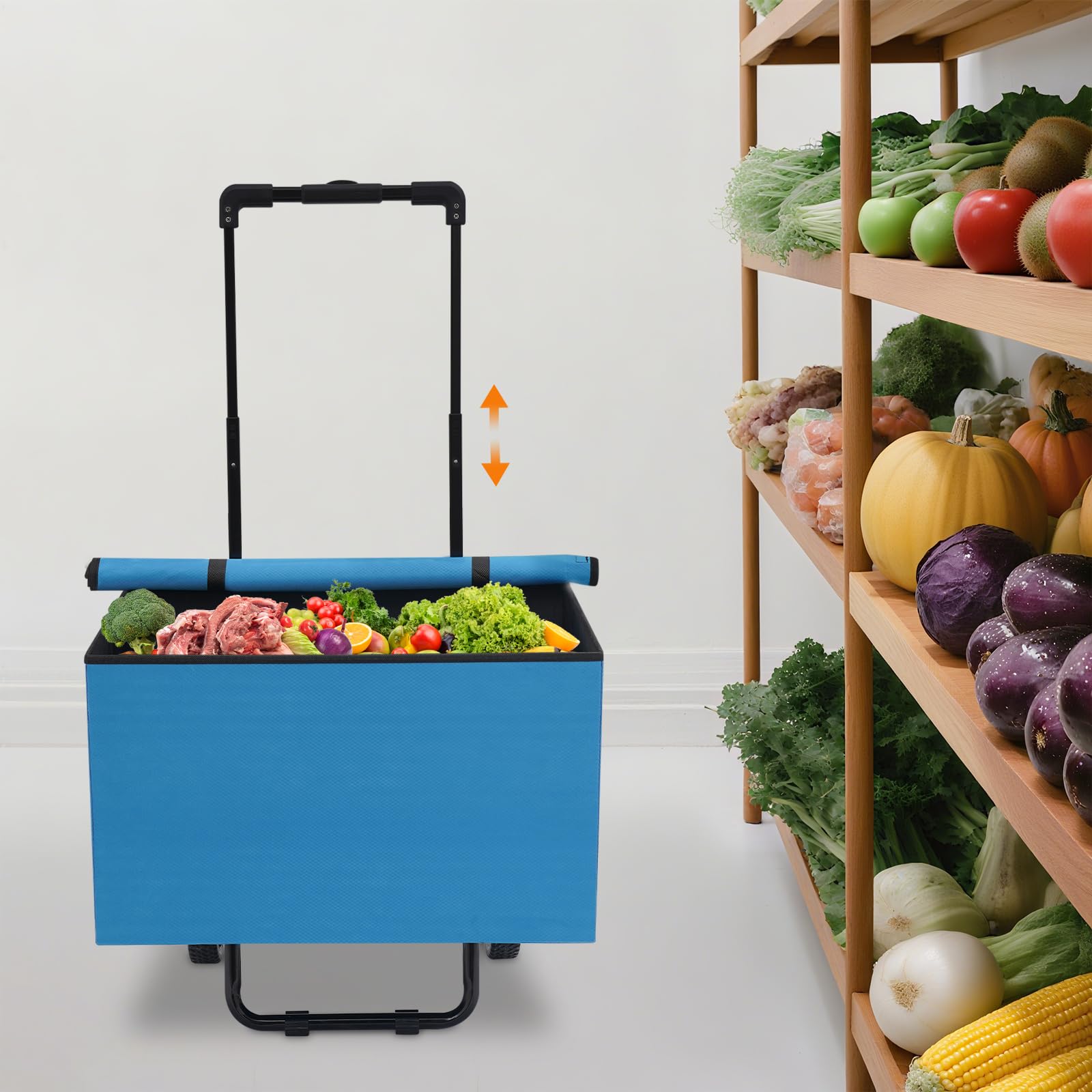 Klappbarer Einkaufswagen 64L Tragkorb 80kg Belastbarkeit faltbar für Einkauf Supermarkt Wochenmarkt Transport mit Reißverschlusstasche Oxford Stoff faltbar platzsparend (Blau)