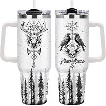 Jekeno Personalized 40 Oz Viking Deer Raven Tumbler with Handle & Straw