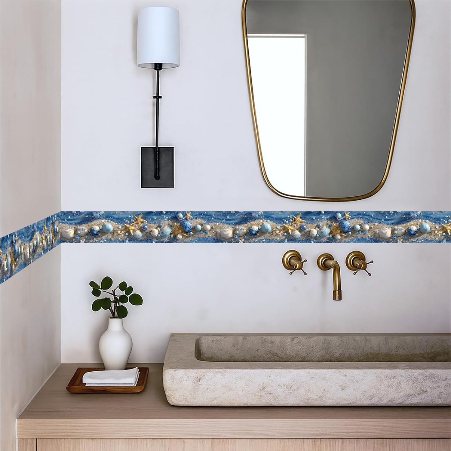 Ocean Starfish Wall Border 196x4 Inch Peel and Stick Coastal Beach Seashell Self Adhesive Wallpaper Border Blue Sand Marine Trim for Bathroom Bedroom Kitchen Living Room Coastal Home Decor
