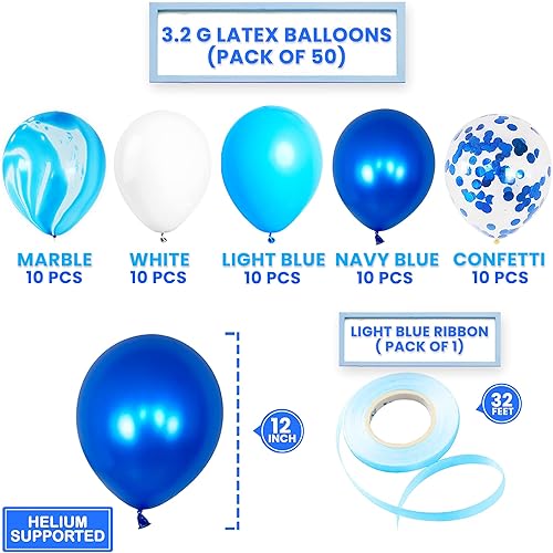 Miniatura 4 de KatchOn, Shades of Blue - Juego de 50 globos de mármol azul para decoraciones de fiesta azul, globos de confeti azul, globos bajo el mar, globos de
