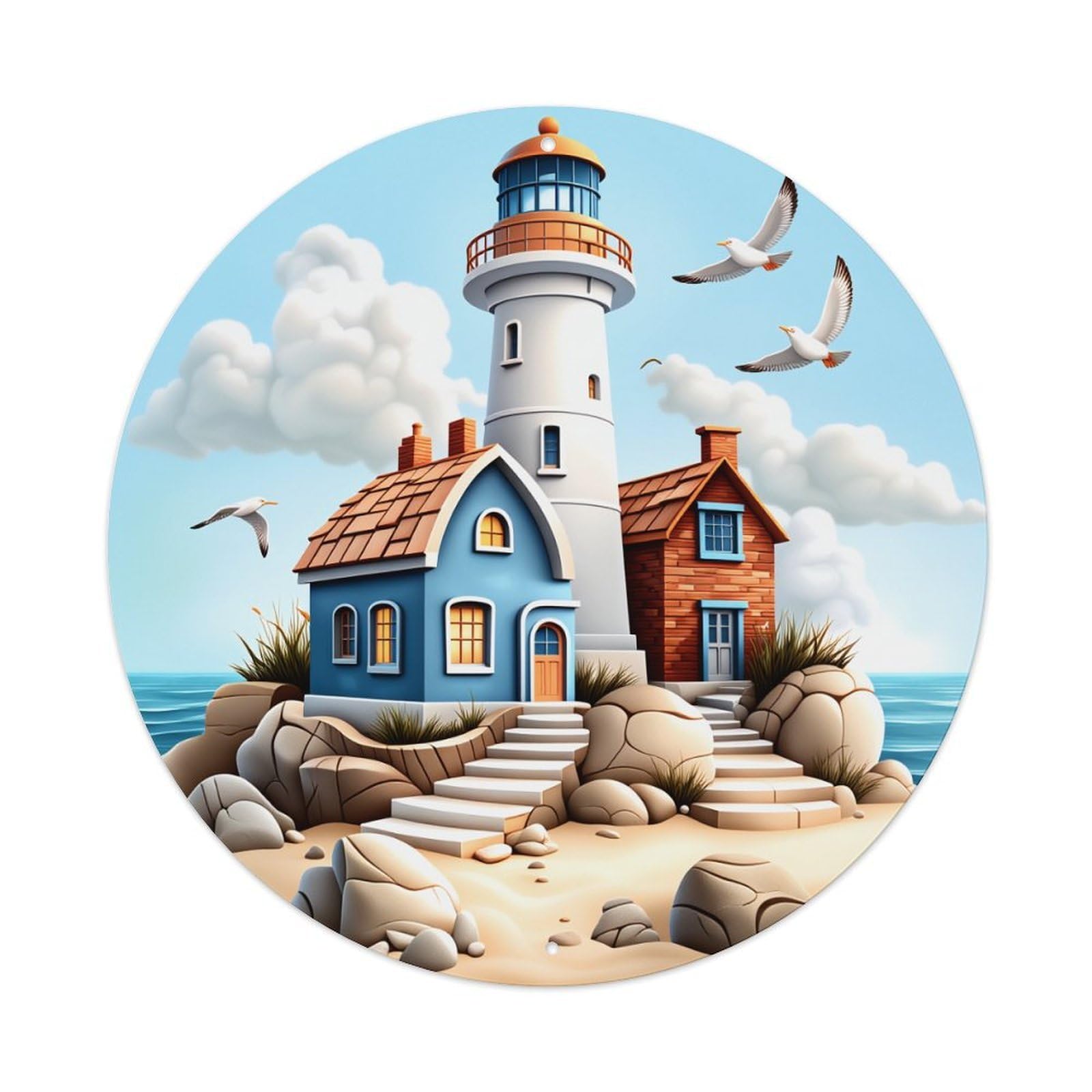 Wmlzdnwr Vintage Lighthouse Cottage Seagulls Rocks Ocean Sky Steps House Round Tin Sign,Retro Wall Art,Metal Poster For Home, Bar, Garage, Cafe, Rustic Indoor & Outdoor Decor, 8X8 Inches